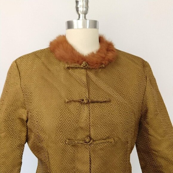 Vintage Asian Bronze Jacket Size S M Art To Wear Frog Clasp Fur Collar Kenki - Picture 3 of 10